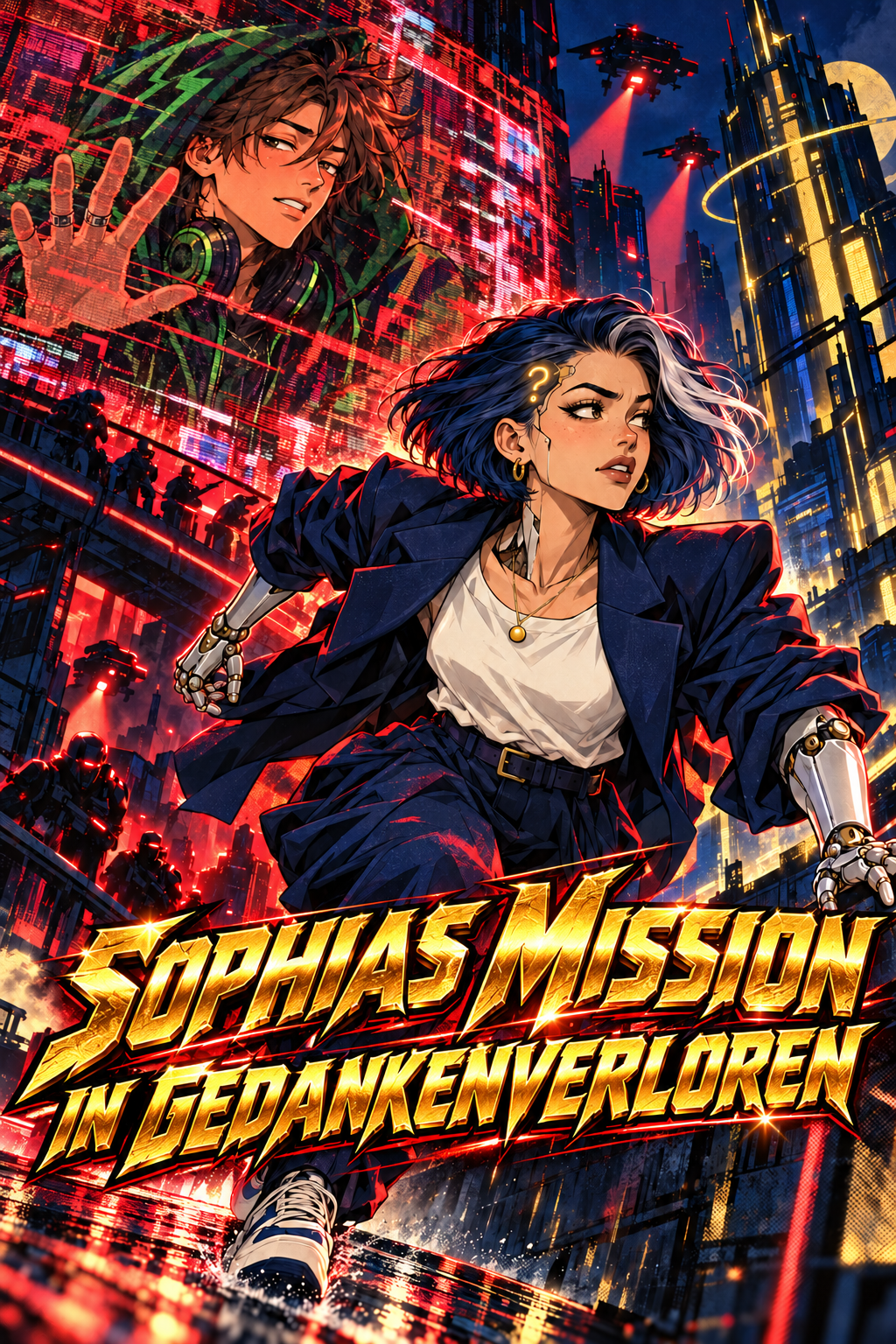 Sophia auf Rettungsmission, Dio auf einem Bildschirm im Hintergrund. Titel: Sophias Mission in Gedankenverloren.